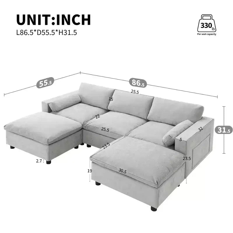 Divano Sezionale Modulare in Ciniglia Clihome da 86.5'', Divano a U a 5 Posti con Tasche Contenitore, Divano Moderno Cloud con 2 Pouf Mobili per Soggiorno
