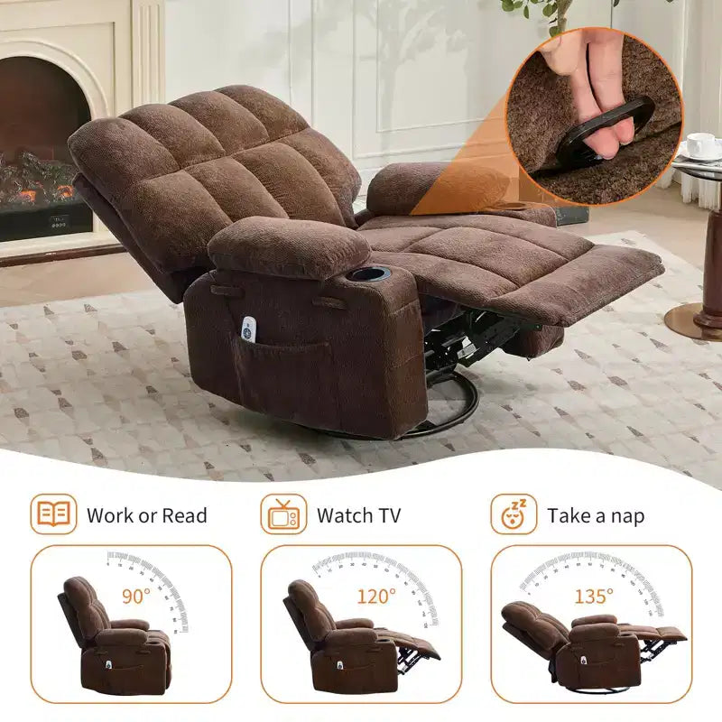 Poltrona Reclinabile Massaggiante Oversize GustoWave con Riscaldamento, Dondolo Manuale Girevole, Supporto Lombare, Doppi Portabicchieri, Tasche Laterali, Soggiorno
