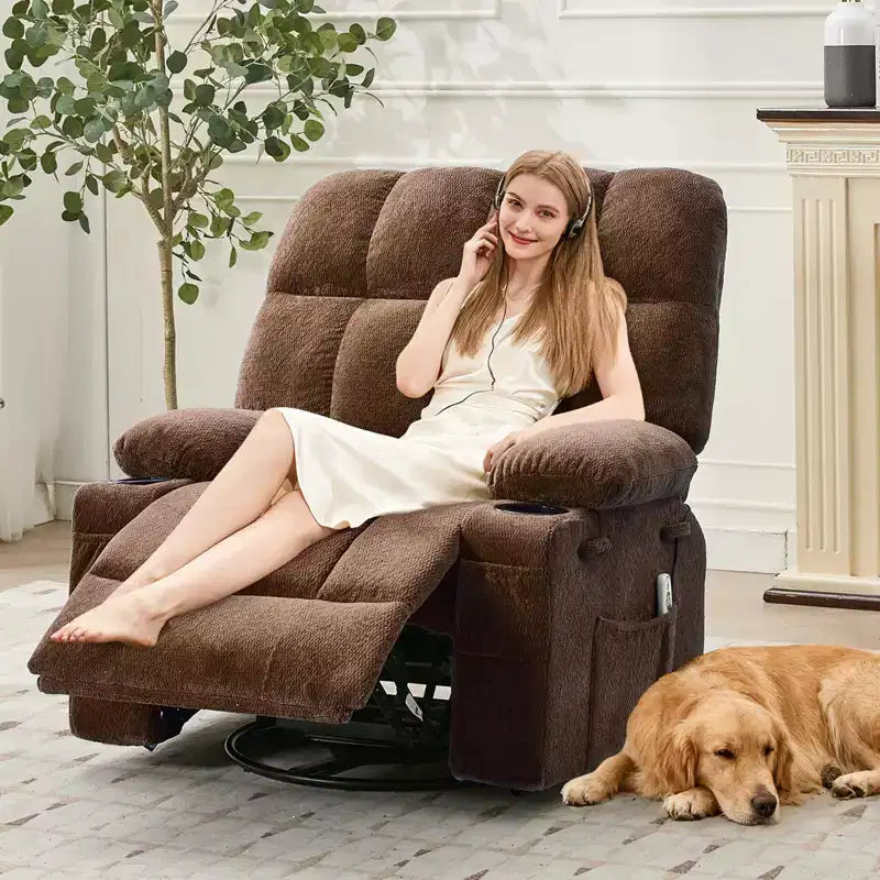 Poltrona Reclinabile Massaggiante Oversize GustoWave con Riscaldamento, Dondolo Manuale Girevole, Supporto Lombare, Doppi Portabicchieri, Tasche Laterali, Soggiorno