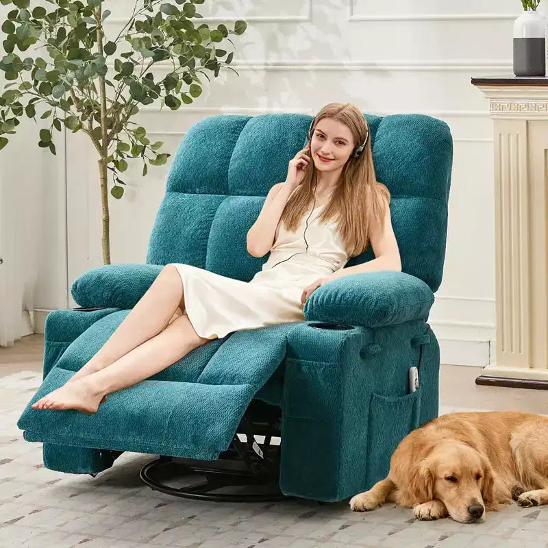 Poltrona Reclinabile Massaggiante Oversize GustoWave con Riscaldamento, Dondolo Manuale Girevole, Supporto Lombare, Doppi Portabicchieri, Tasche Laterali, Soggiorno