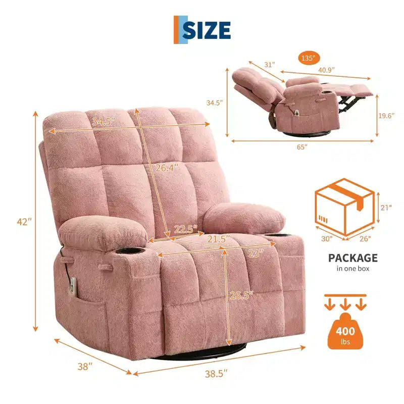 Poltrona Reclinabile Massaggiante Oversize GustoWave con Riscaldamento, Dondolo Manuale Girevole, Supporto Lombare, Doppi Portabicchieri, Tasche Laterali, Soggiorno