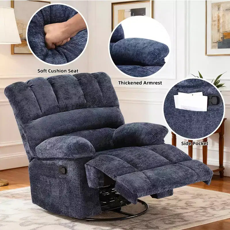 MAYEERTY Poltrona Reclinabile Girevole Oversize Blu per Adulti, in ciniglia, Perfetta per il Soggiorno