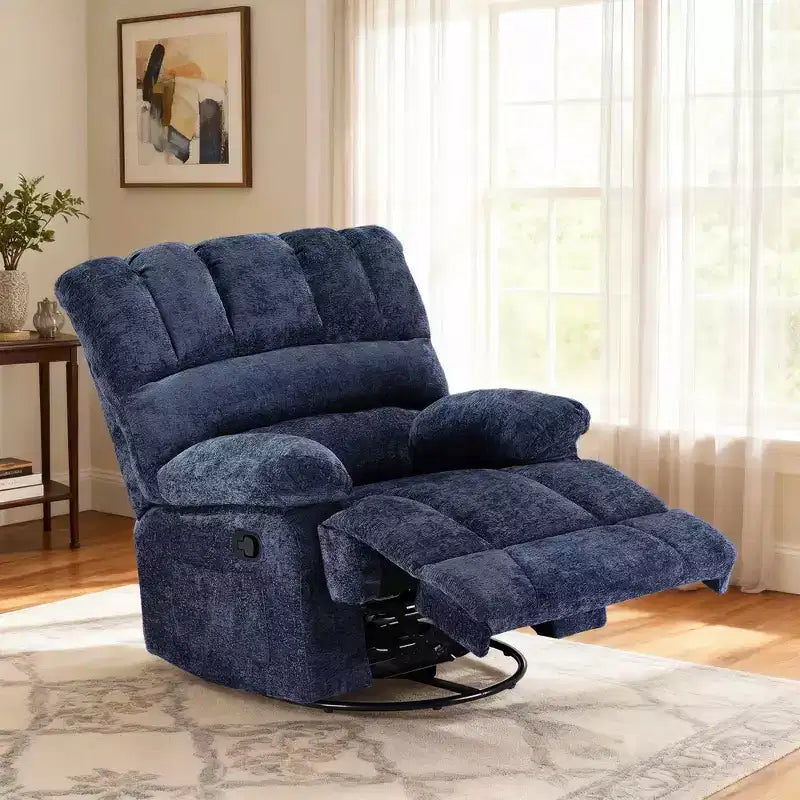 MAYEERTY Poltrona Reclinabile Girevole Oversize Blu per Adulti, in ciniglia, Perfetta per il Soggiorno