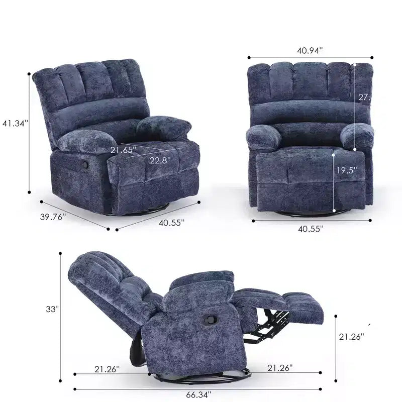 MAYEERTY Poltrona Reclinabile Girevole Oversize Blu per Adulti, in ciniglia, Perfetta per il Soggiorno