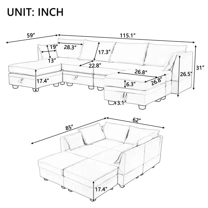 Divano componibile, divano a sezione a U con chaise longue reversibile, divano letto trasformabile con contenitore aggiuntivo per soggiorno, ufficio, camera da letto Beige