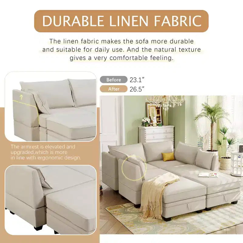 Divano componibile, divano a sezione a U con chaise longue reversibile, divano letto trasformabile con contenitore aggiuntivo per soggiorno, ufficio, camera da letto Beige