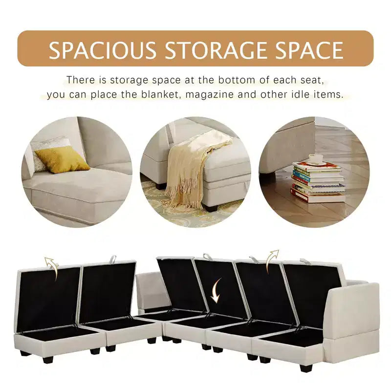 Divano componibile, divano a sezione a U con chaise longue reversibile, divano letto trasformabile con contenitore aggiuntivo per soggiorno, ufficio, camera da letto Beige