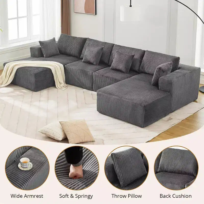 Divano, divano componibile a U con doppia chaise longue, 137, in velluto a coste, senza struttura, seduta profonda, modulare, nessun montaggio richiesto, per soggiorno/appartamento, grigio