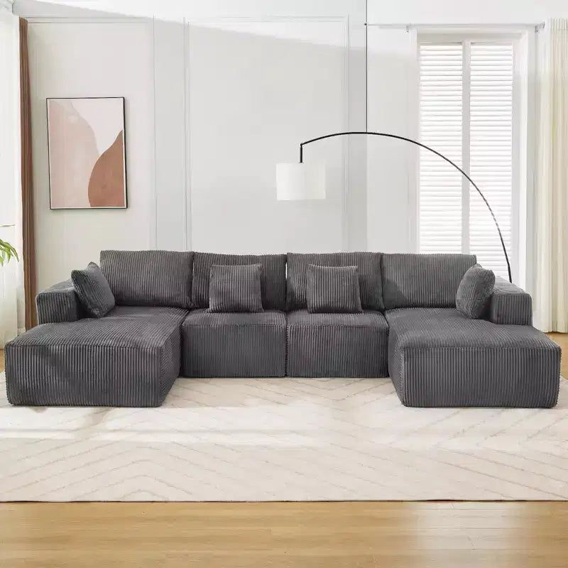 Divano, divano componibile a U con doppia chaise longue, 137, in velluto a coste, senza struttura, seduta profonda, modulare, nessun montaggio richiesto, per soggiorno/appartamento, grigio