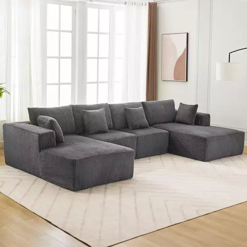 Divano, divano componibile a U con doppia chaise longue, 137, in velluto a coste, senza struttura, seduta profonda, modulare, nessun montaggio richiesto, per soggiorno/appartamento, grigio