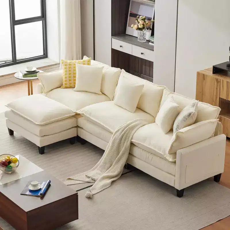 Divano, 112 Moduli a Forma di L Cloud Couch in Tessuto Ciniglia/Velluto a Coste Morbido con Seduta Profonda, Ottomana e Tasche Laterali per Soggiorno/Camera da Letto