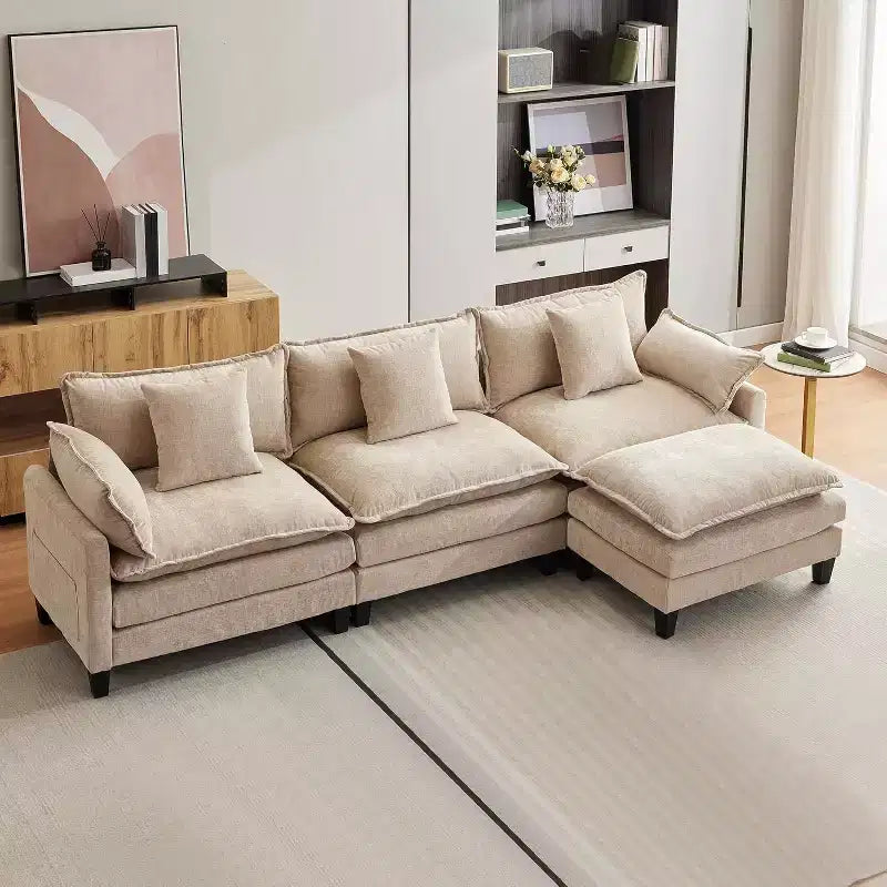 Sofa, 112 Modular L-Shaped Cloud Couch  Plush Chenille/Corduroy Fabric Deep Seat with Ottoman & Side Pockets for Living Room/Bedroom