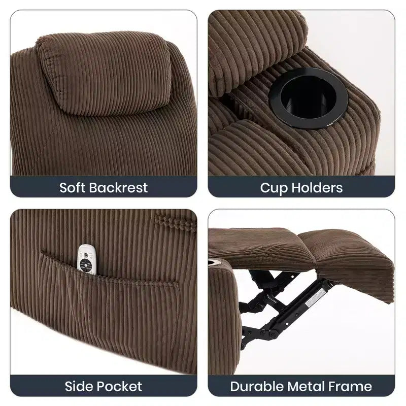 Poltrona reclinabile elettrica in velluto a coste con sollevamento elettrico, reclinazione a 155°, massaggio, riscaldamento, doppi portabicchieri e funzione di assistenza in piedi, sedia ergonomica confortevole per anziani