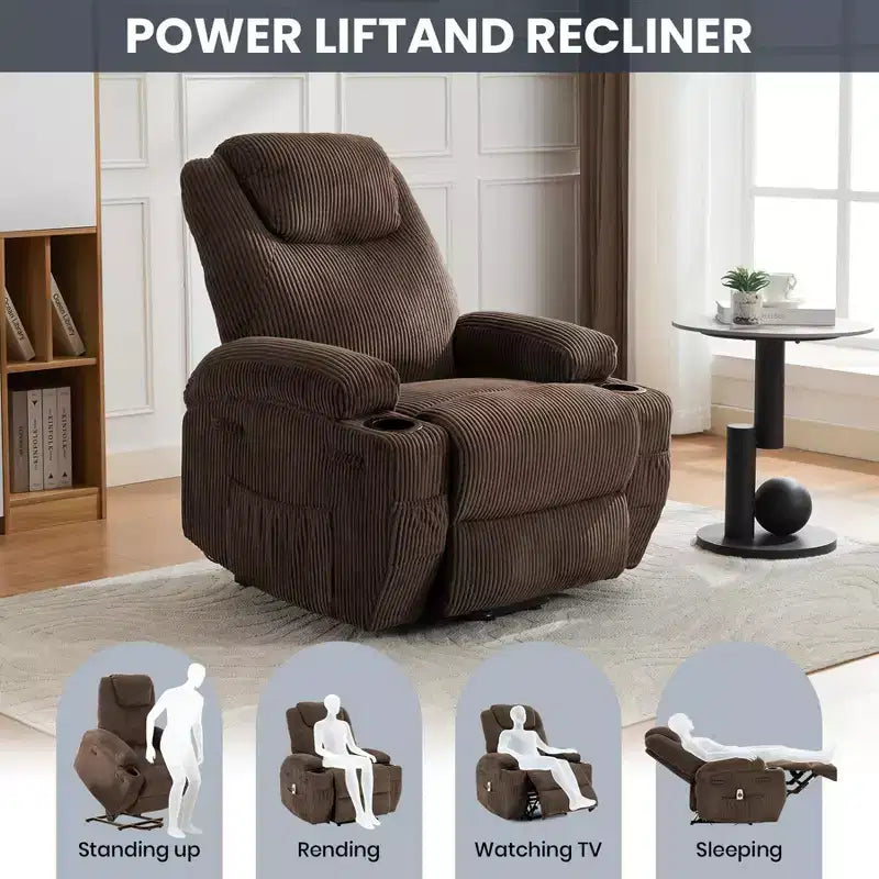 Poltrona reclinabile elettrica in velluto a coste con sollevamento elettrico, reclinazione a 155°, massaggio, riscaldamento, doppi portabicchieri e funzione di assistenza in piedi, sedia ergonomica confortevole per anziani