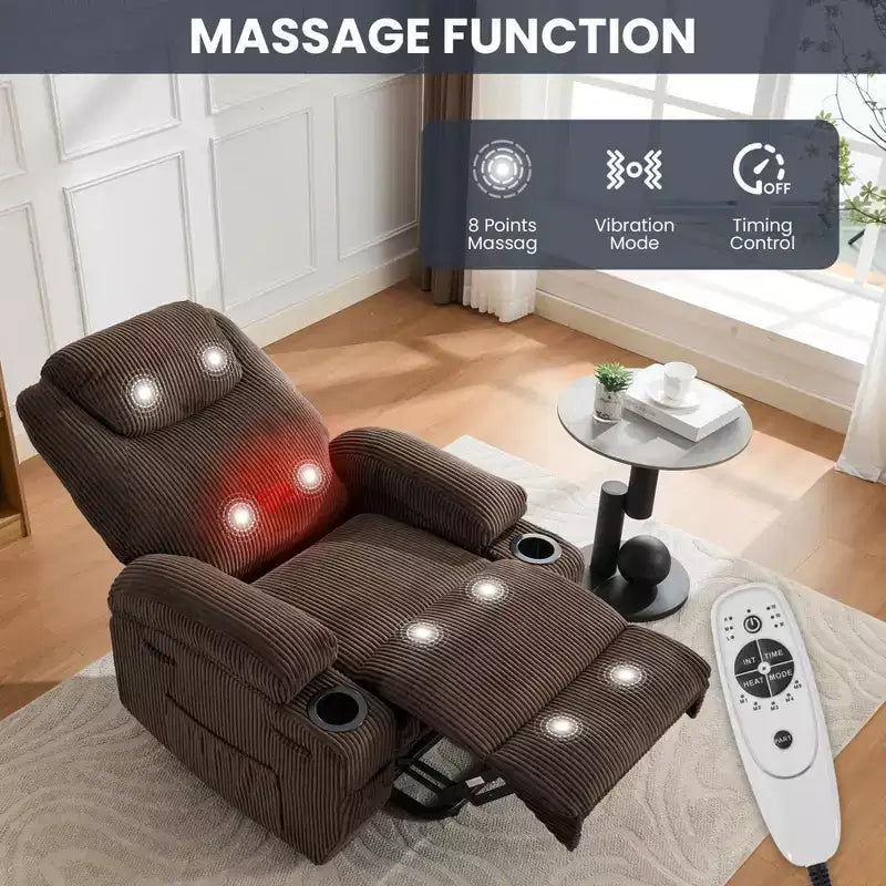 Poltrona reclinabile elettrica in velluto a coste con sollevamento elettrico, reclinazione a 155°, massaggio, riscaldamento, doppi portabicchieri e funzione di assistenza in piedi, sedia ergonomica confortevole per anziani