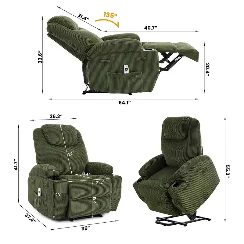 Poltrona reclinabile elettrica in velluto a coste con sollevamento elettrico, reclinazione a 155°, massaggio, riscaldamento, doppi portabicchieri e funzione di assistenza in piedi, sedia ergonomica confortevole per anziani