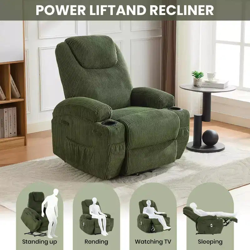 Poltrona reclinabile elettrica in velluto a coste con sollevamento elettrico, reclinazione a 155°, massaggio, riscaldamento, doppi portabicchieri e funzione di assistenza in piedi, sedia ergonomica confortevole per anziani