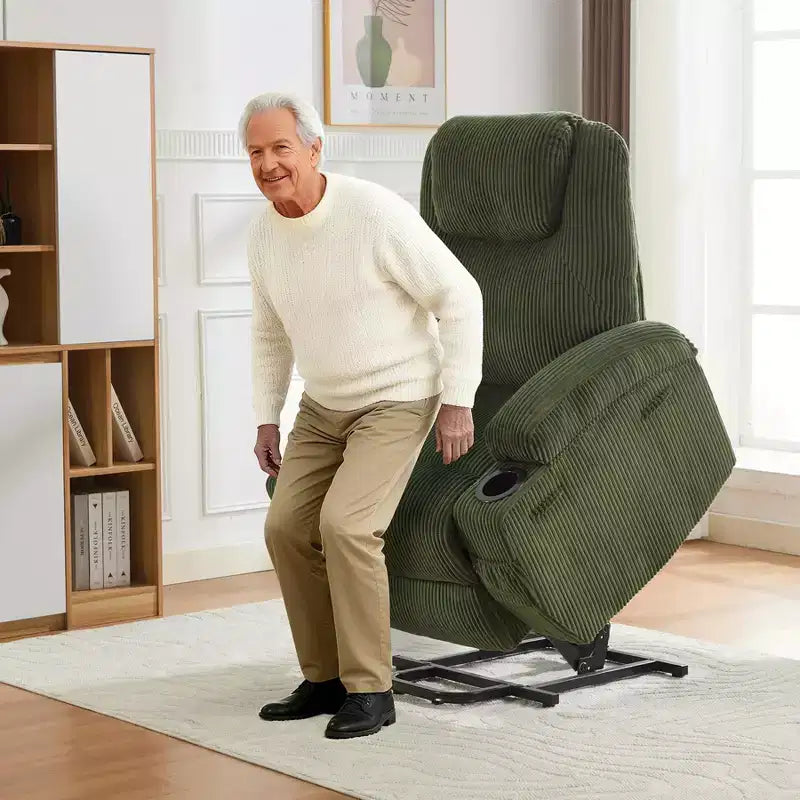 Poltrona reclinabile elettrica in velluto a coste con sollevamento elettrico, reclinazione a 155°, massaggio, riscaldamento, doppi portabicchieri e funzione di assistenza in piedi, sedia ergonomica confortevole per anziani