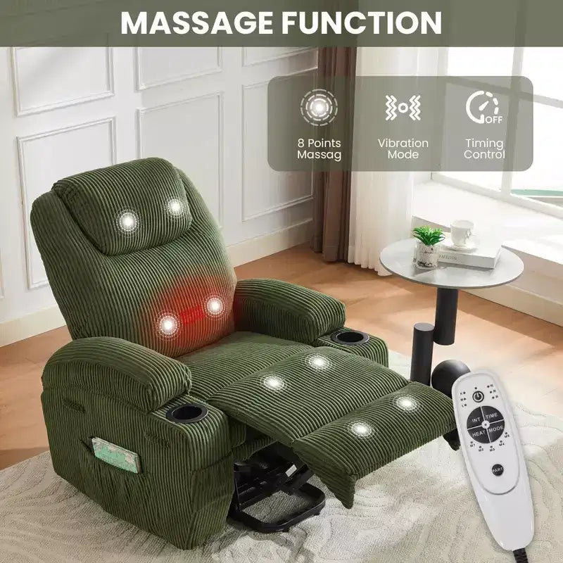 Poltrona reclinabile elettrica in velluto a coste con sollevamento elettrico, reclinazione a 155°, massaggio, riscaldamento, doppi portabicchieri e funzione di assistenza in piedi, sedia ergonomica confortevole per anziani
