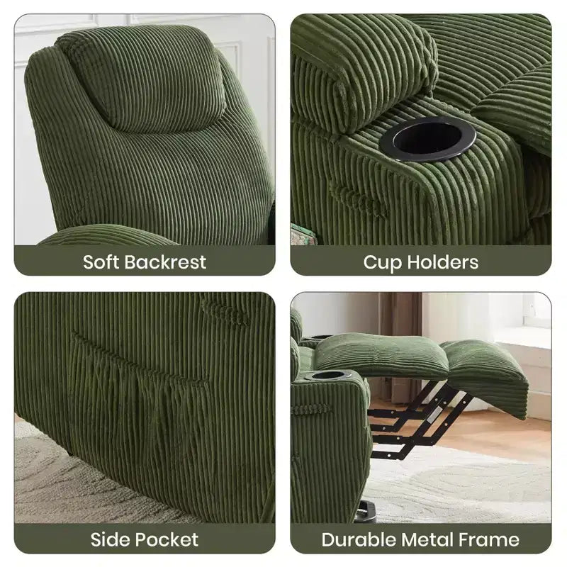 Poltrona reclinabile elettrica in velluto a coste con sollevamento elettrico, reclinazione a 155°, massaggio, riscaldamento, doppi portabicchieri e funzione di assistenza in piedi, sedia ergonomica confortevole per anziani