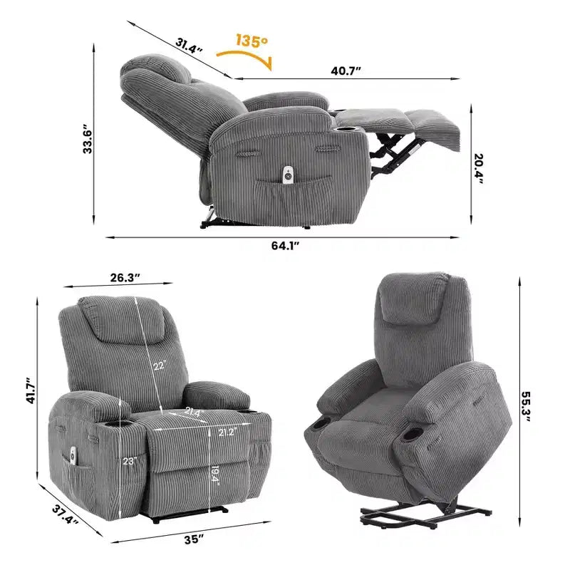 Poltrona reclinabile elettrica in velluto a coste con sollevamento elettrico, reclinazione a 155°, massaggio, riscaldamento, doppi portabicchieri e funzione di assistenza in piedi, sedia ergonomica confortevole per anziani