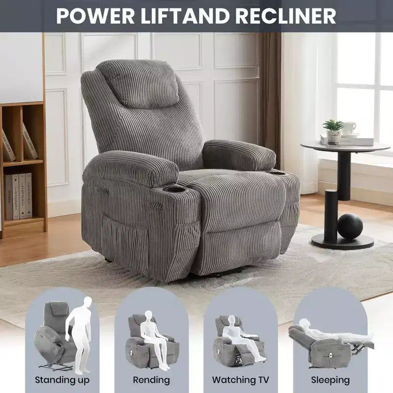 Poltrona reclinabile elettrica in velluto a coste con sollevamento elettrico, reclinazione a 155°, massaggio, riscaldamento, doppi portabicchieri e funzione di assistenza in piedi, sedia ergonomica confortevole per anziani
