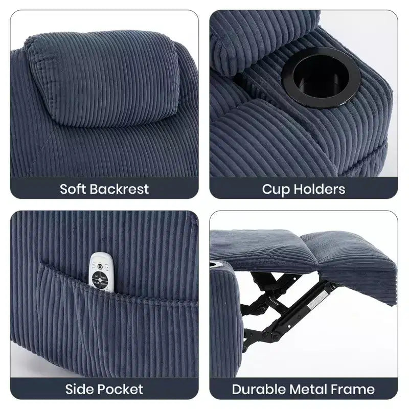 Poltrona reclinabile elettrica in velluto a coste con sollevamento elettrico, reclinazione a 155°, massaggio, riscaldamento, doppi portabicchieri e funzione di assistenza in piedi, sedia ergonomica confortevole per anziani