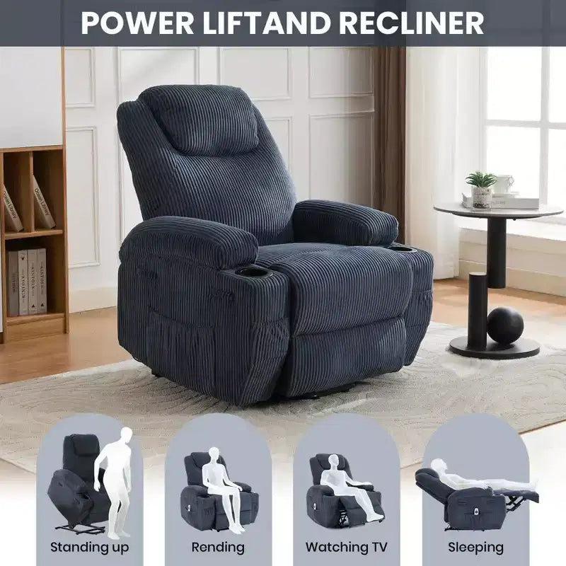 Poltrona reclinabile elettrica in velluto a coste con sollevamento elettrico, reclinazione a 155°, massaggio, riscaldamento, doppi portabicchieri e funzione di assistenza in piedi, sedia ergonomica confortevole per anziani