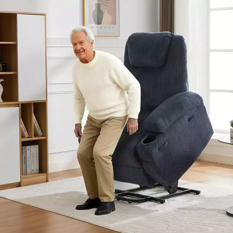 Poltrona reclinabile elettrica in velluto a coste con sollevamento elettrico, reclinazione a 155°, massaggio, riscaldamento, doppi portabicchieri e funzione di assistenza in piedi, sedia ergonomica confortevole per anziani