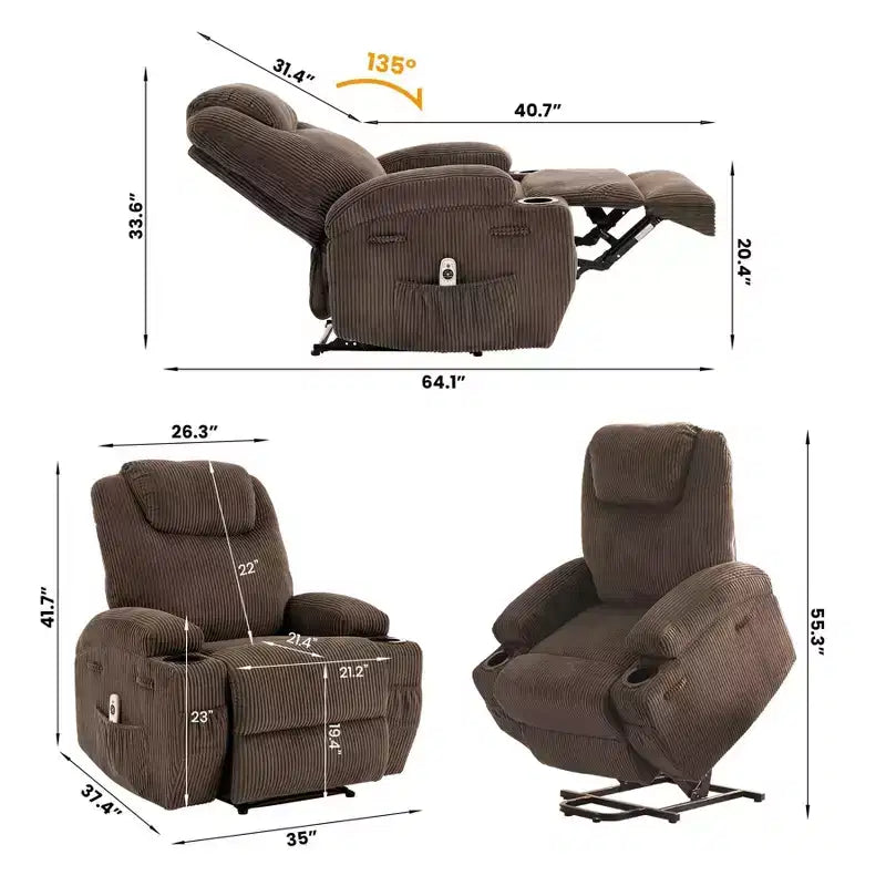 Poltrona reclinabile elettrica in velluto a coste con sollevamento elettrico, reclinazione a 155°, massaggio, riscaldamento, doppi portabicchieri e funzione di assistenza in piedi, sedia ergonomica confortevole per anziani