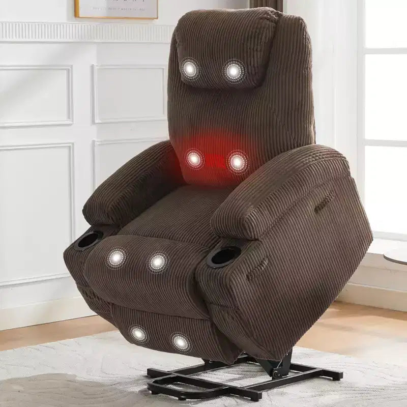 Poltrona reclinabile elettrica in velluto a coste con sollevamento elettrico, reclinazione a 155°, massaggio, riscaldamento, doppi portabicchieri e funzione di assistenza in piedi, sedia ergonomica confortevole per anziani