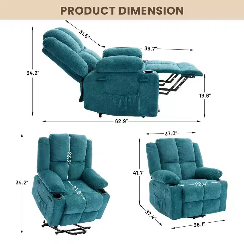 Poltrona Relax Reclinabile Elettrica con Funzione Power Lift, Riscaldamento e Massaggio, Poltrona Alzapersone Elettrica Extra Large con Tasca Laterale, Singola Poltrona per Soggiorno