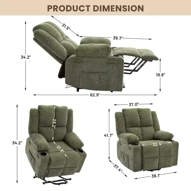 Poltrona Relax Reclinabile Elettrica con Funzione Power Lift, Riscaldamento e Massaggio, Poltrona Alzapersone Elettrica Extra Large con Tasca Laterale, Singola Poltrona per Soggiorno