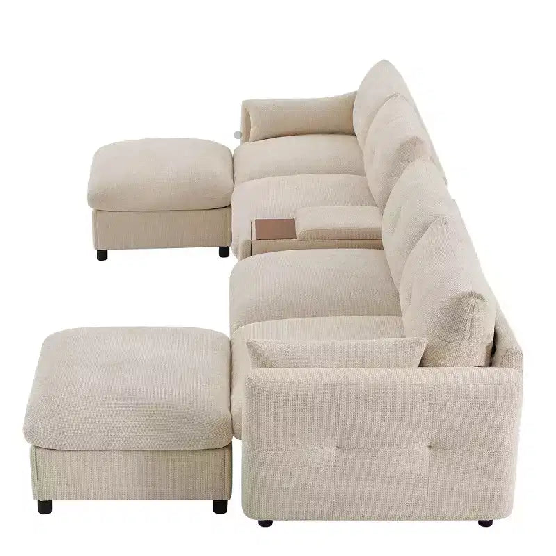Divano componibile a U Whisen da 136'' con console, portabicchieri e pouf contenitore mobile