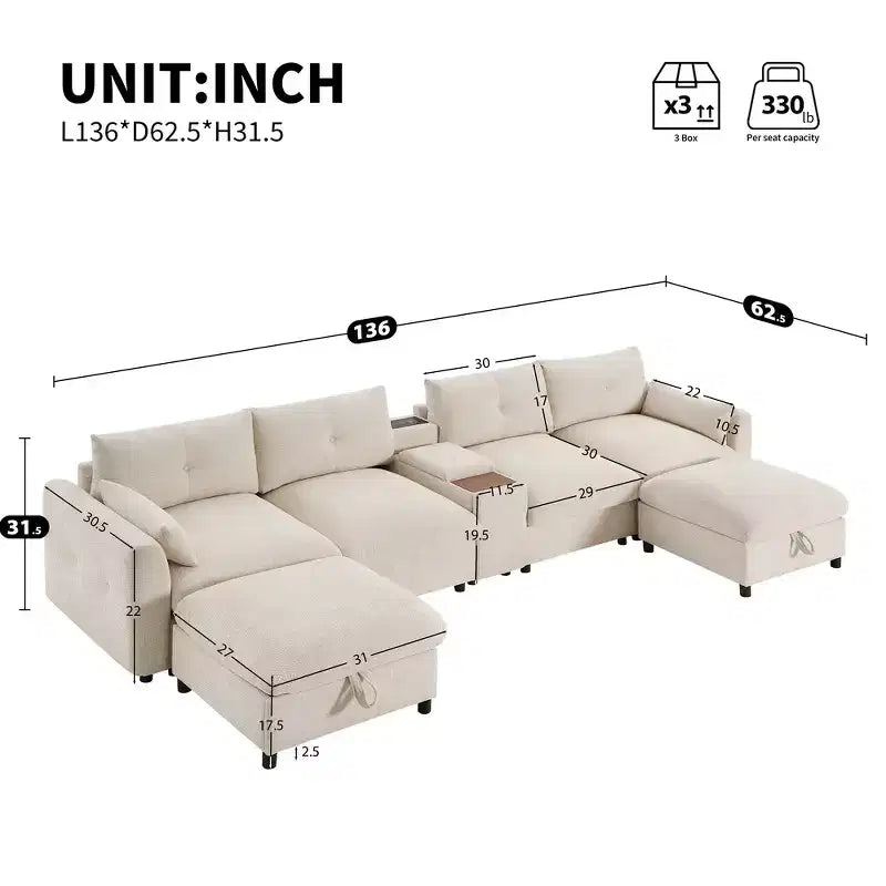 Divano componibile a U Whisen da 136'' con console, portabicchieri e pouf contenitore mobile
