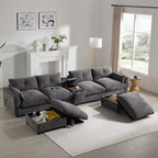 Divano componibile a U Whisen da 136'' con console, portabicchieri e pouf contenitore mobile