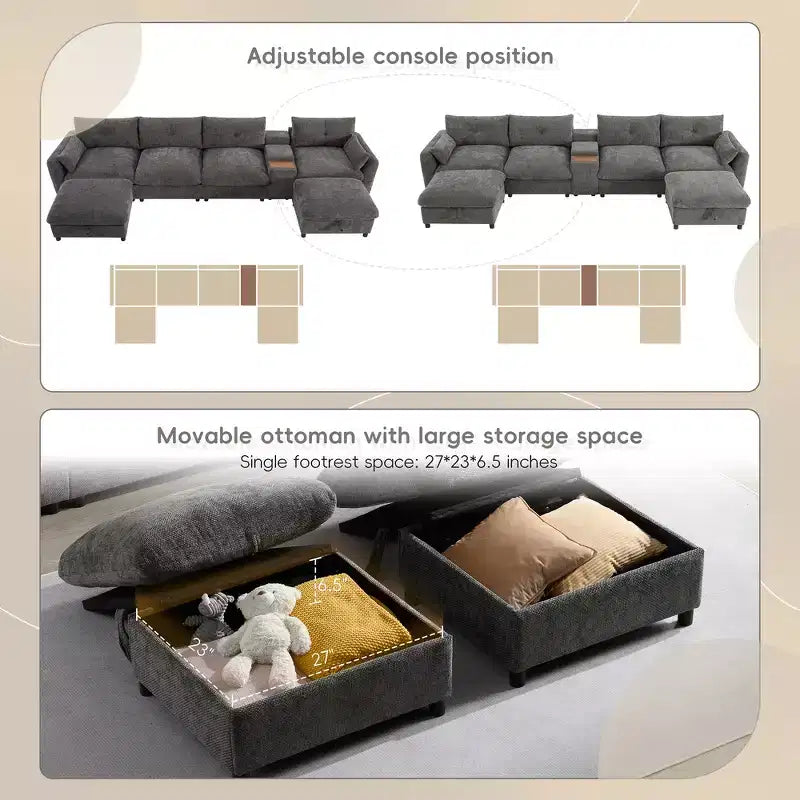Divano componibile a U Whisen da 136'' con console, portabicchieri e pouf contenitore mobile