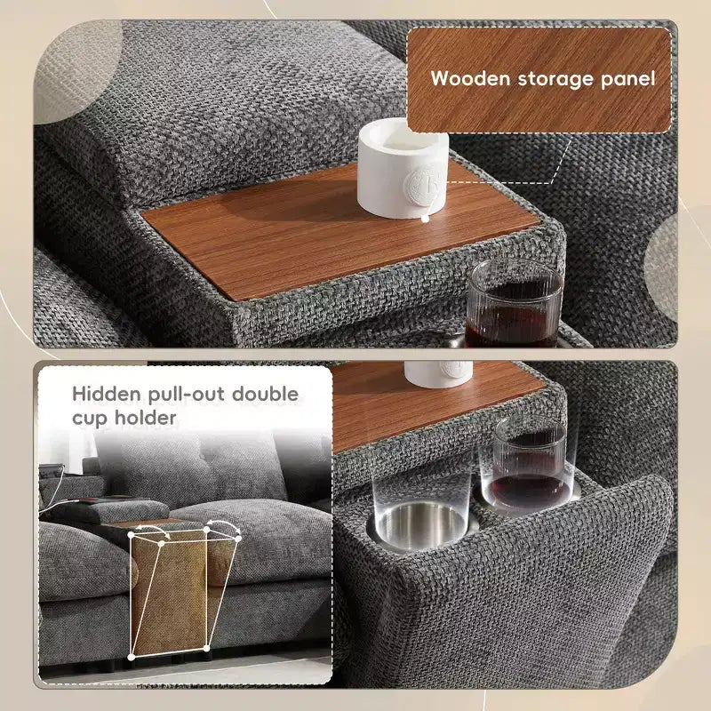 Divano componibile a U Whisen da 136'' con console, portabicchieri e pouf contenitore mobile