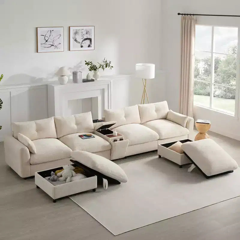 Divano componibile a U Whisen da 136'' con console, portabicchieri e pouf contenitore mobile