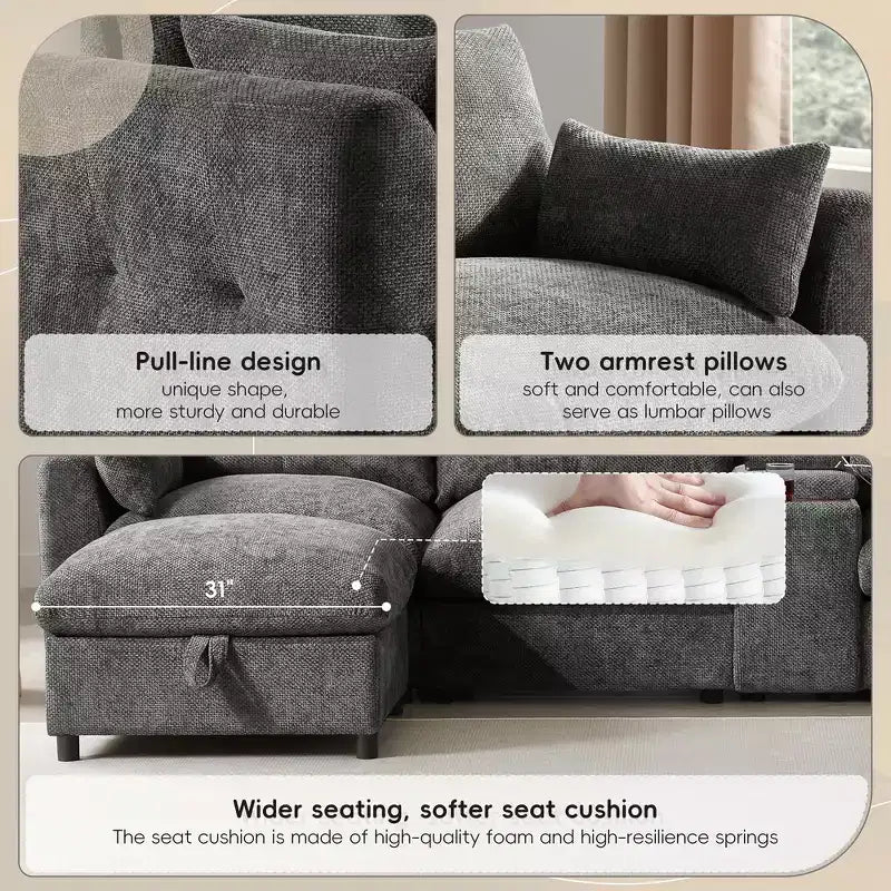 Divano componibile a U Whisen da 136'' con console, portabicchieri e pouf contenitore mobile