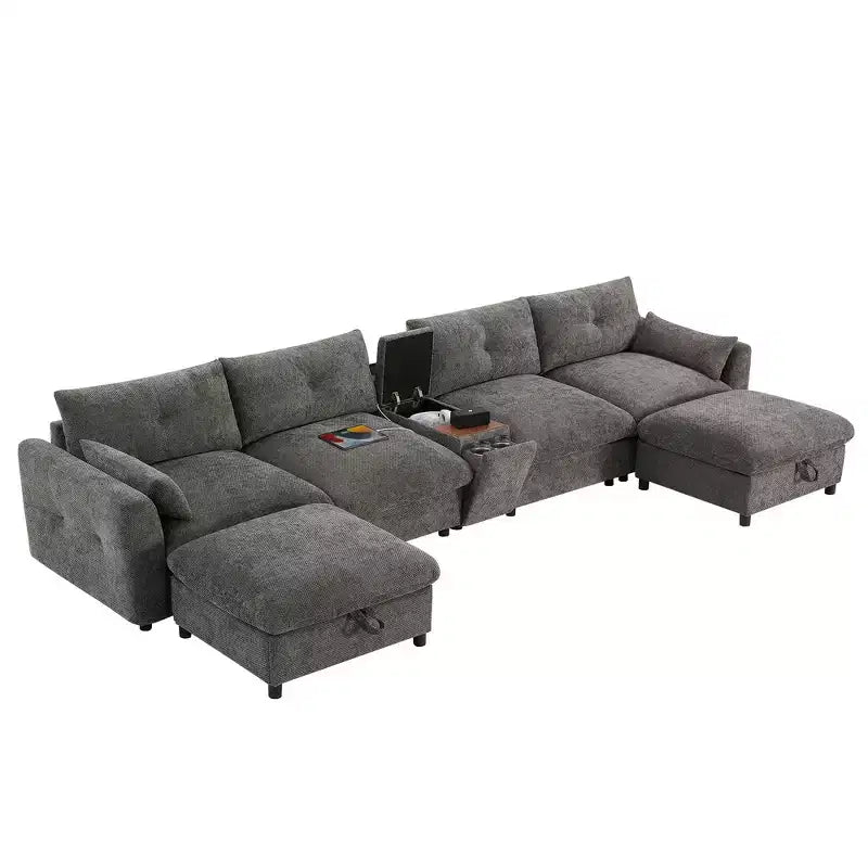 Divano componibile a U Whisen da 136'' con console, portabicchieri e pouf contenitore mobile