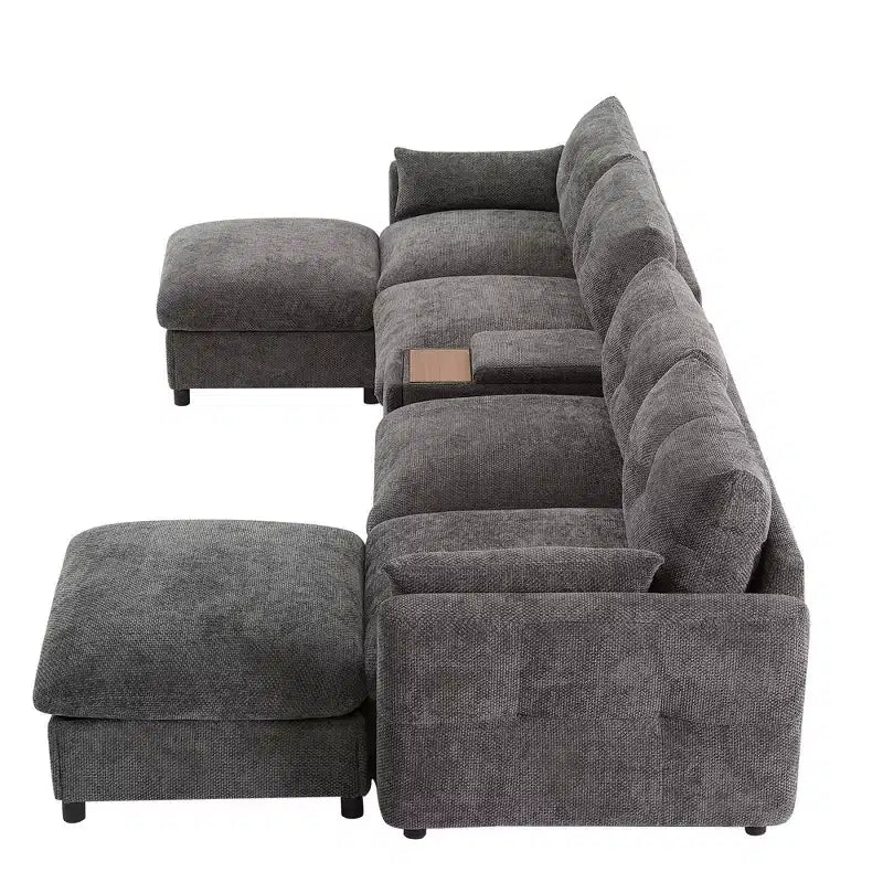 Divano componibile a U Whisen da 136'' con console, portabicchieri e pouf contenitore mobile