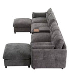 Divano componibile a U Whisen da 136'' con console, portabicchieri e pouf contenitore mobile