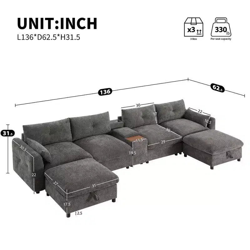 Divano componibile a U Whisen da 136'' con console, portabicchieri e pouf contenitore mobile