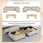 Divano componibile a U Whisen da 136'' con console, portabicchieri e pouf contenitore mobile