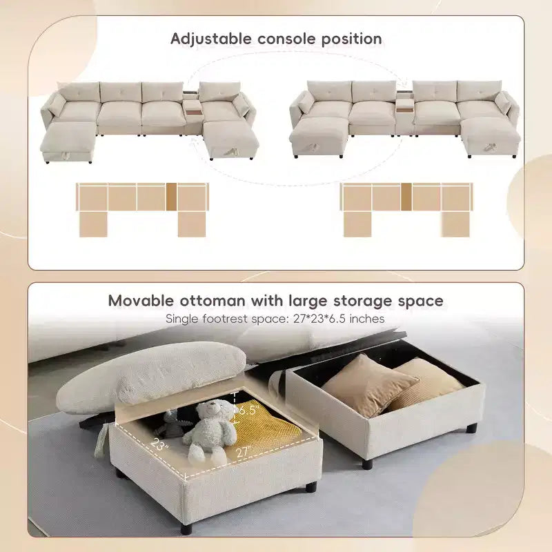 Divano componibile a U Whisen da 136'' con console, portabicchieri e pouf contenitore mobile