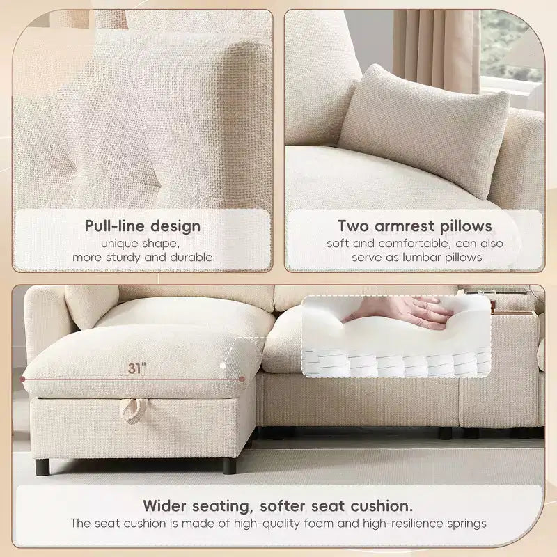 Divano componibile a U Whisen da 136'' con console, portabicchieri e pouf contenitore mobile