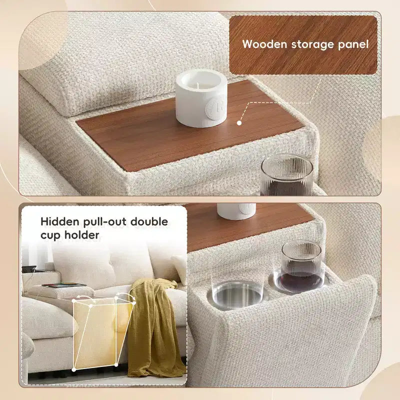 Divano componibile a U Whisen da 136'' con console, portabicchieri e pouf contenitore mobile