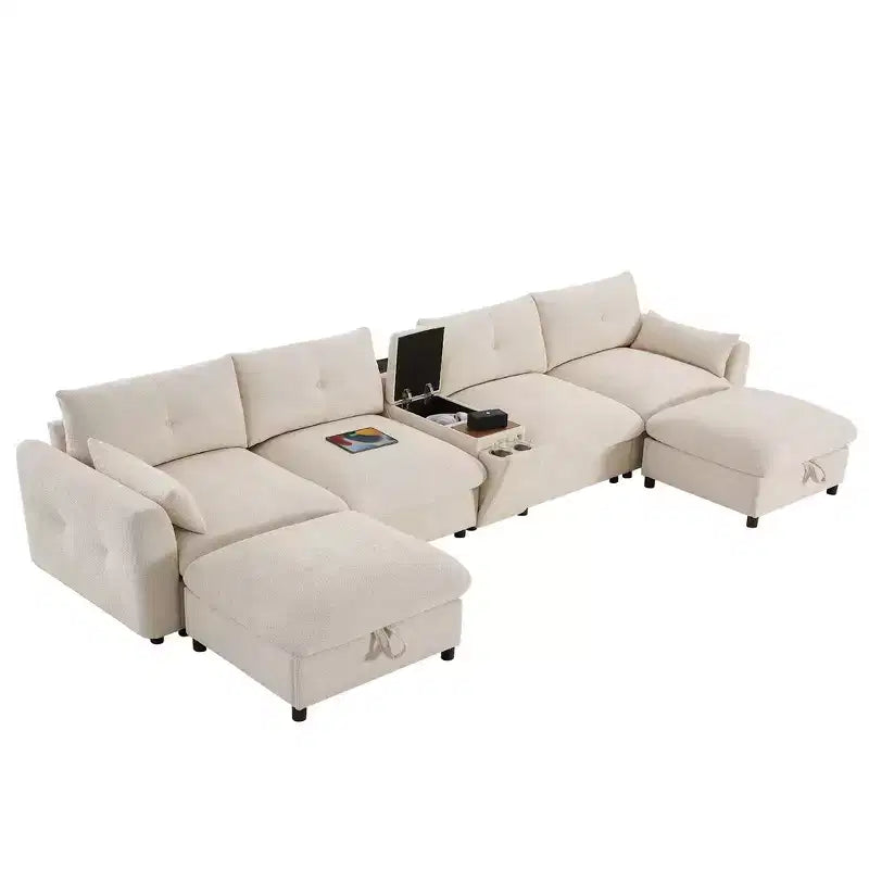 Divano componibile a U Whisen da 136'' con console, portabicchieri e pouf contenitore mobile