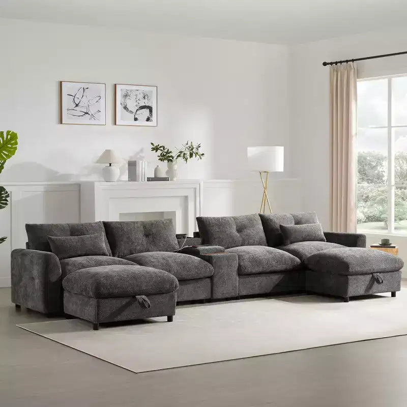 Divano componibile a U Whisen da 136'' con console, portabicchieri e pouf contenitore mobile